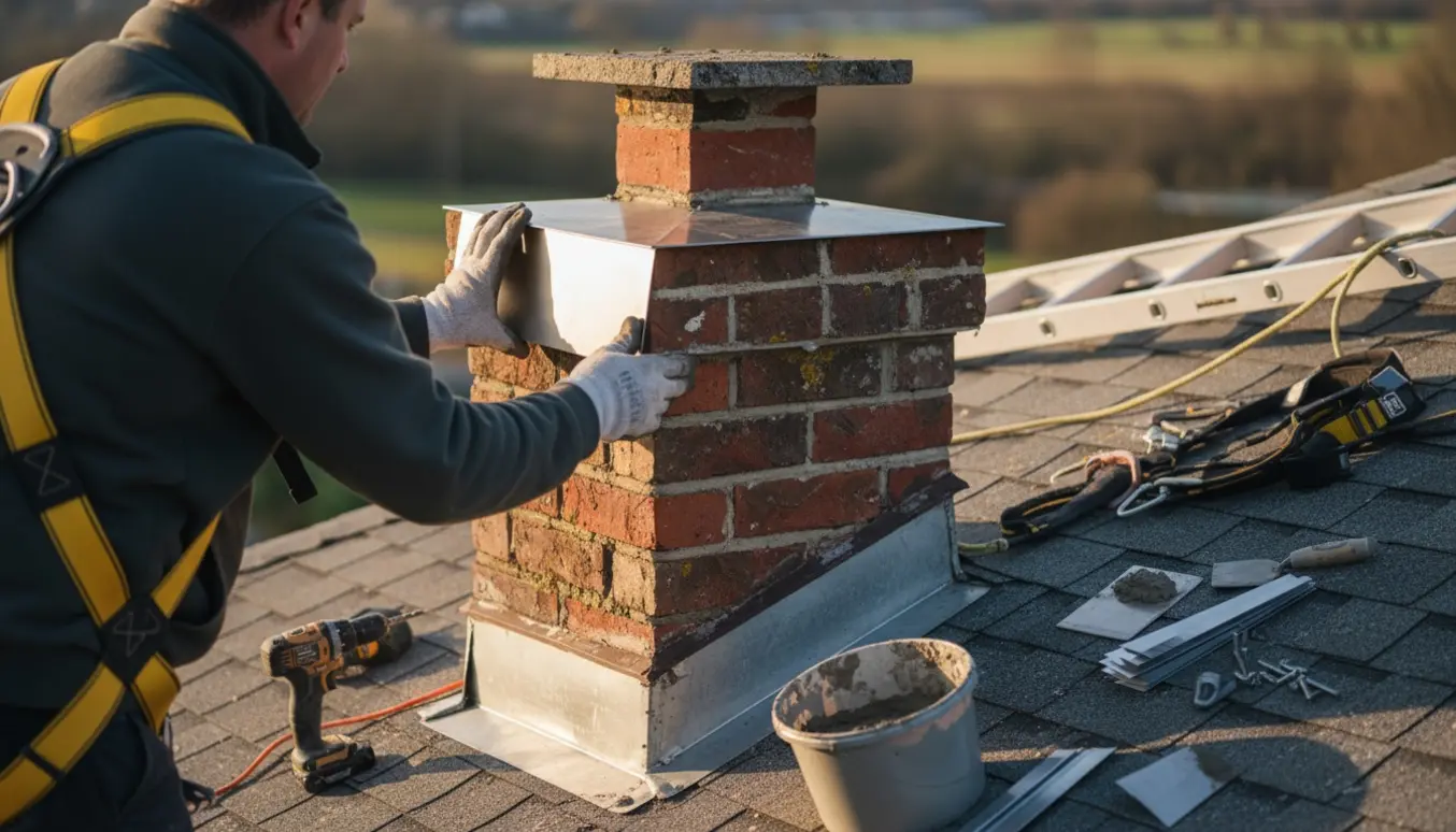 En arbejder monterer en metalplade for at tætne en murstenskorsten på et tag.