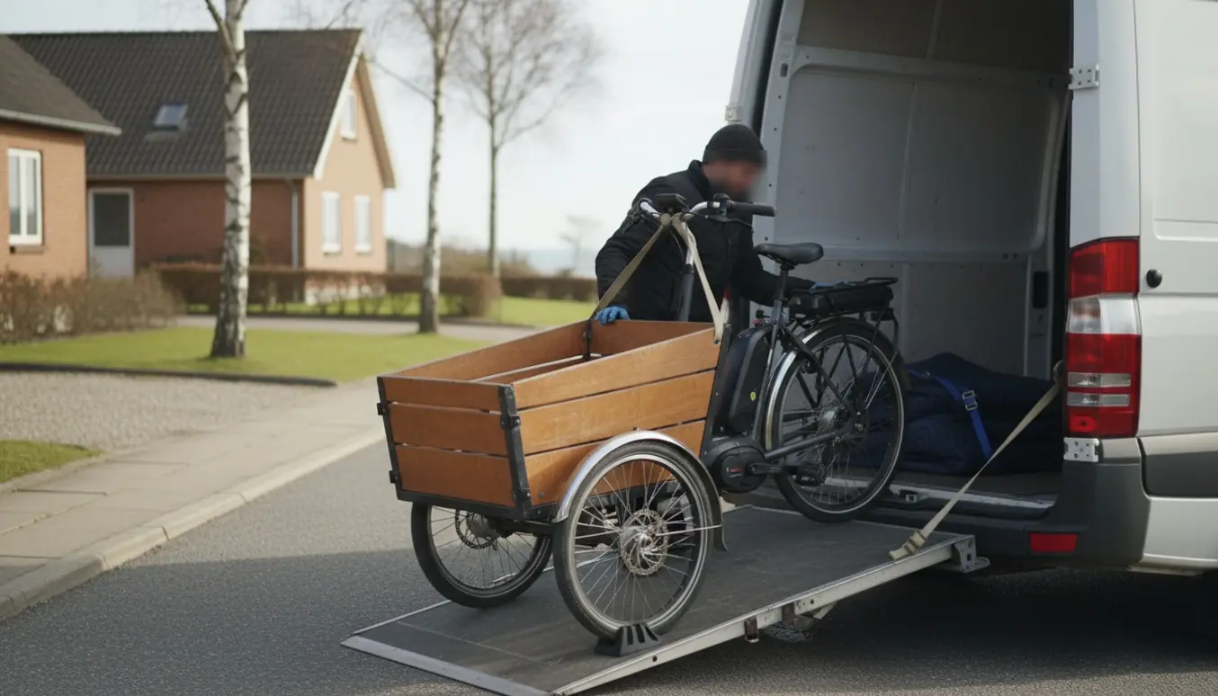 En el-ladcykel bliver forsigtigt løftet ind i en flyttevogn på en dansk forstadsvej uden at vise ansigter.