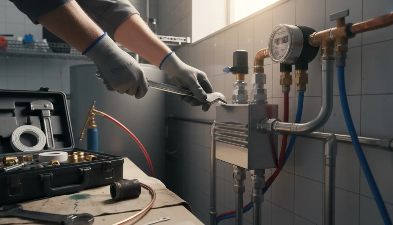 Hænder monterer en ny varmeveksler og udskifter vandrør ved en synlig vandmåler i et bryggers.