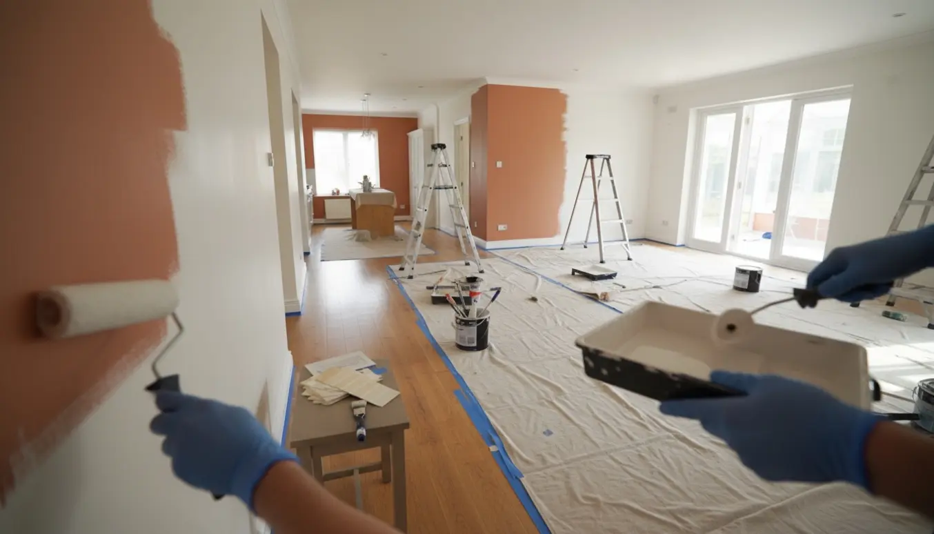 Soloplyst indendørs malerscene med værktøj, nymalede hvide vægge og tre vægge i accentfarve.