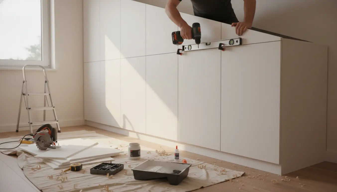 Håndværker tilpasser et indbygget skab ved en skråvæg med hvide modulskabe, MDF-plader og værktøj i et lyst soveværelse.