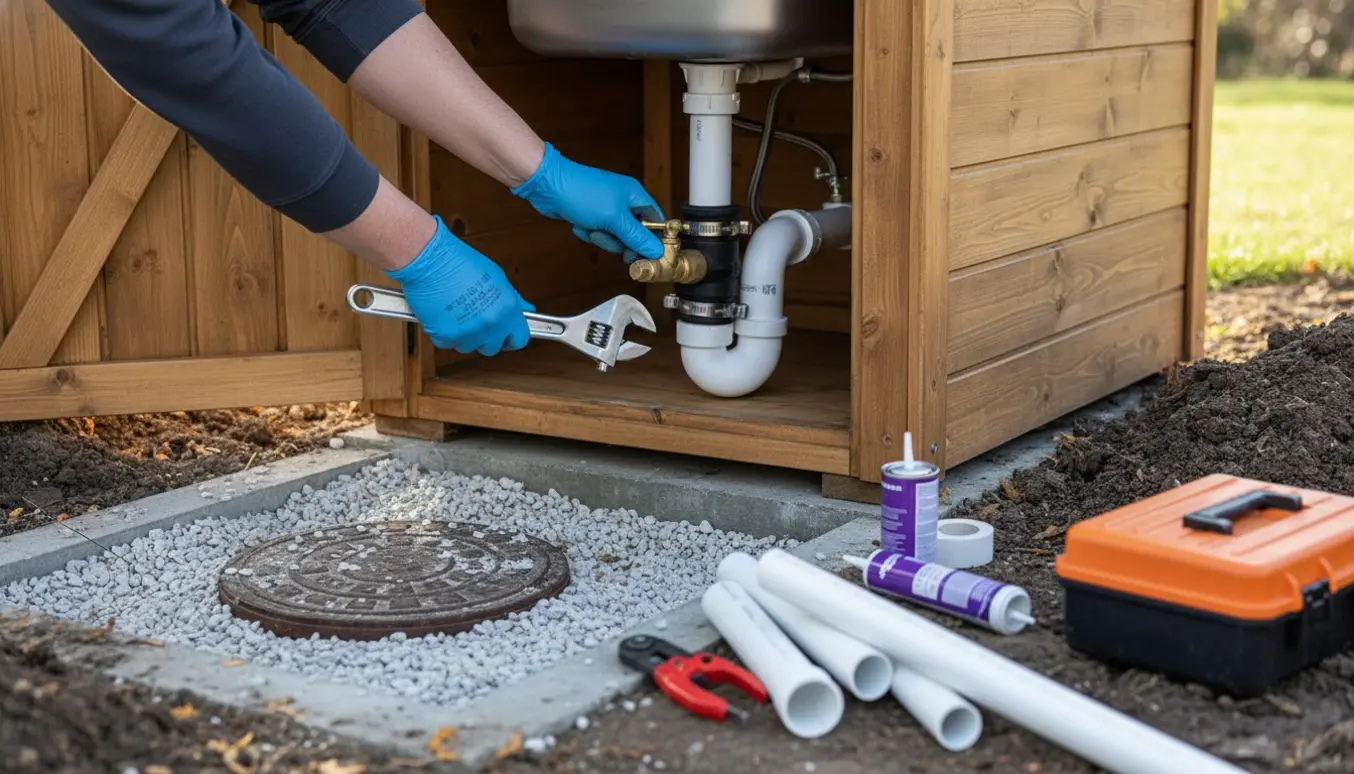 Hænder tilslutter vand- og kloakledninger til et udendørs madskur med rør, fittings og værktøj.