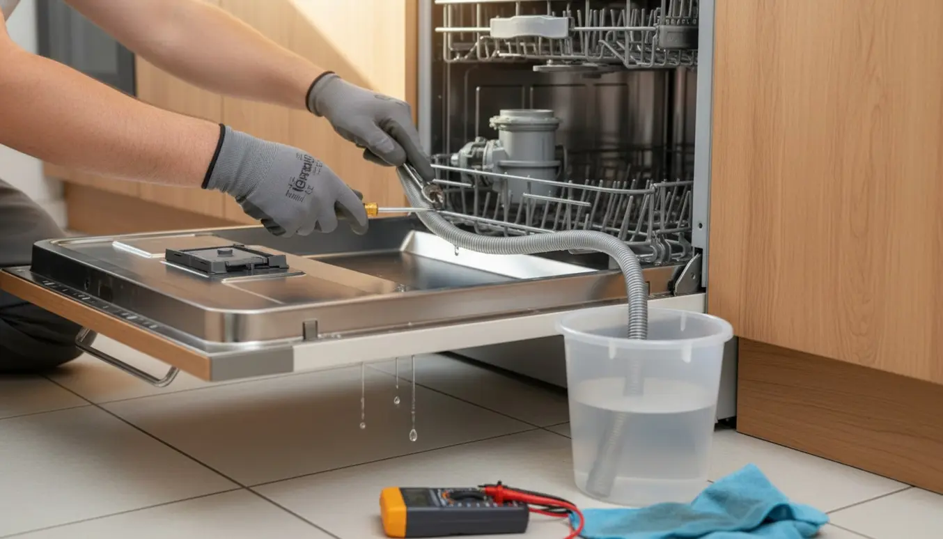 Tekniker arbejder på en åben indbygget opvaskemaskine med fjernet bundpanel og værktøj.