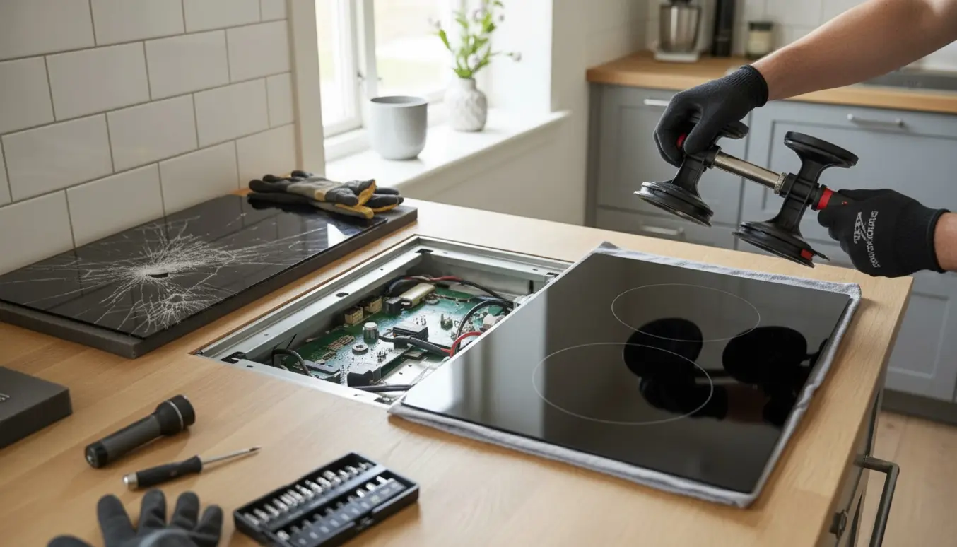 Tekniker skifter glaspladen på en induktionskogeplade i et lyst, moderne køkken med værktøj på bordet.