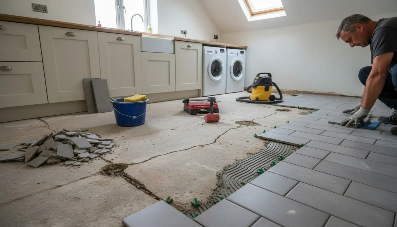 Køkken og bryggers midt i fliseudskiftning med nye fliser, værktøj og synlige sætningsskader.