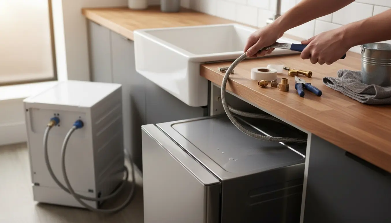 Hænder tilslutter afløbs- og vandslanger på en ny bordopvaskemaskine ved siden af køkkenvasken.