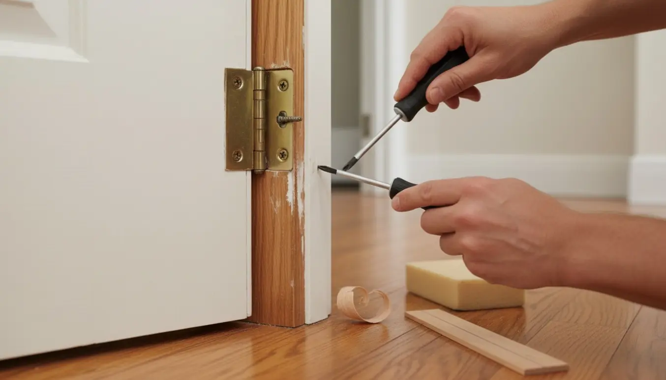 Nærbillede af en skæv indendørs dør, hvor hængslet justeres med en skruetrækker.