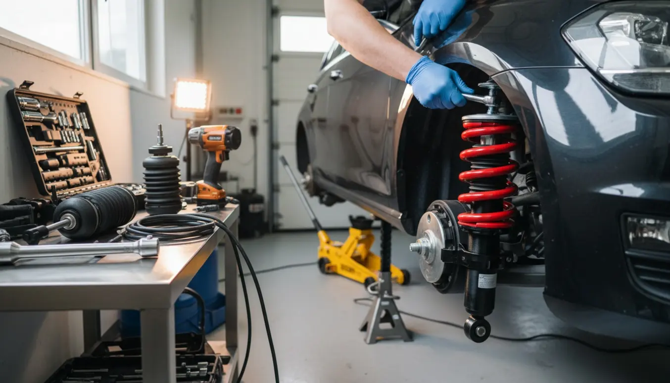 Golf 7 hævet i en garage, hvor en mekanikers handsker installerer en gevindundervogn i hjulkassen.