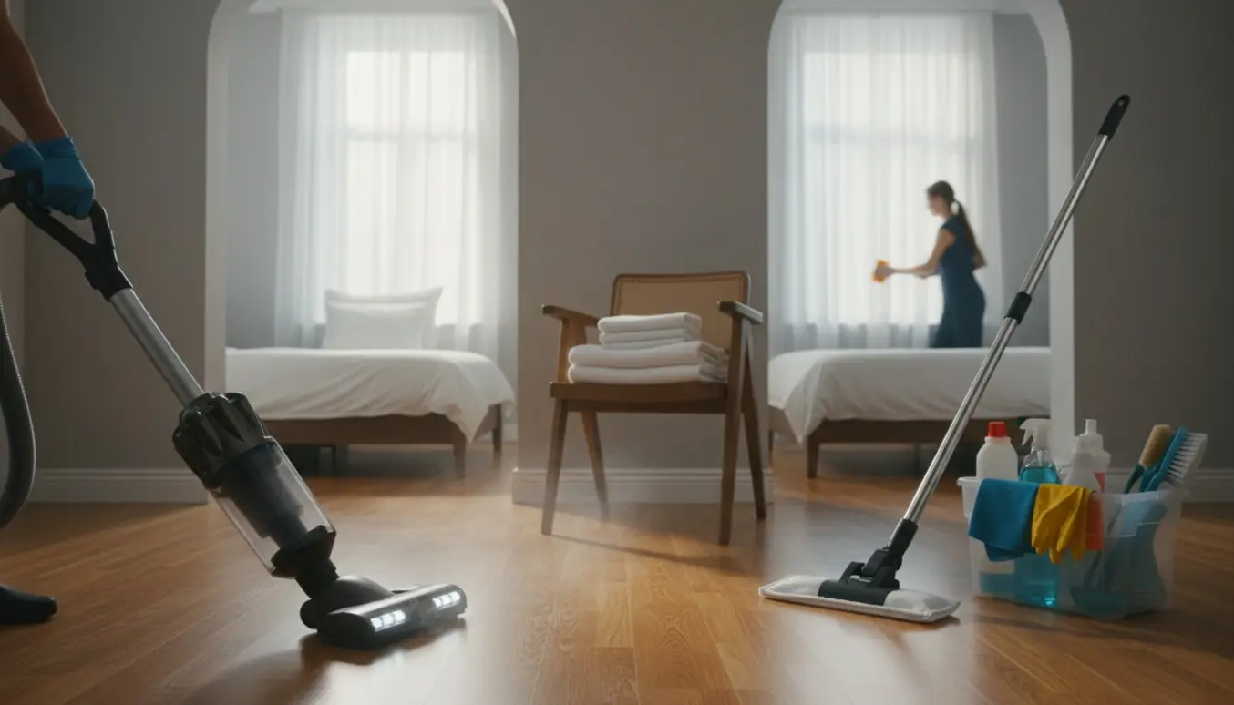 Solfyldt toværelses lejlighed under hovedrengøring med rengøringsudstyr og nydeligt redte senge.