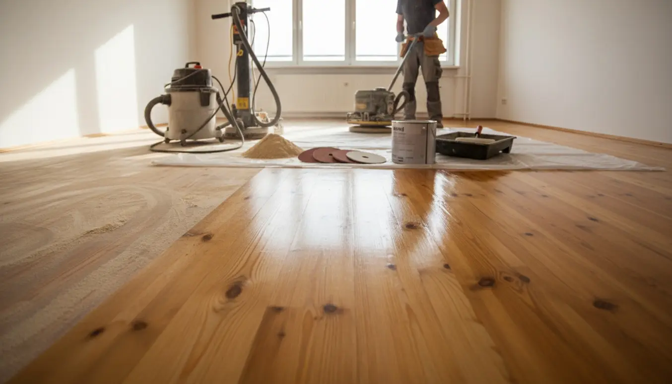 Fyrtrægulv i lejlighed med sandet, slebet og nylakeret sektion og værktøj i baggrunden.