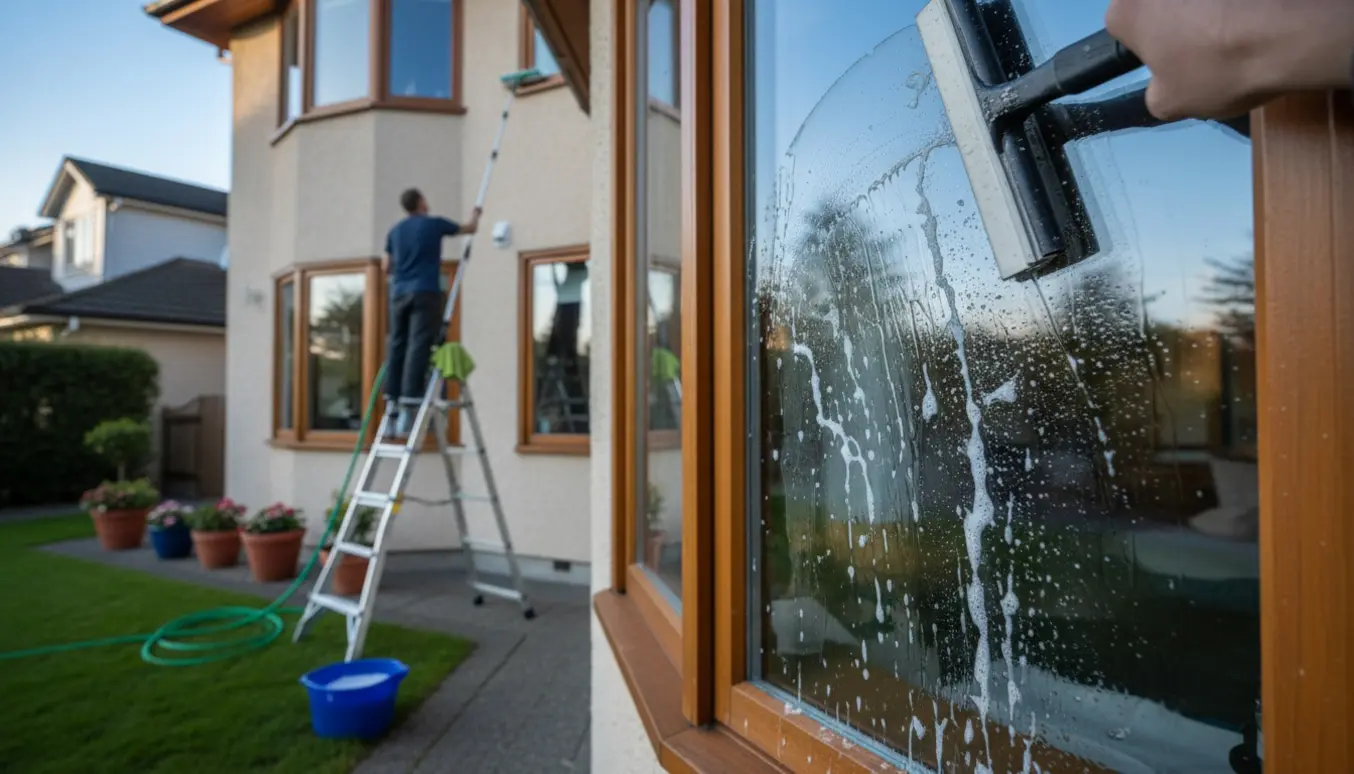 To-etagers hus med udendørs vinduespudsning, svaber og stige i brug uden synligt ansigt.