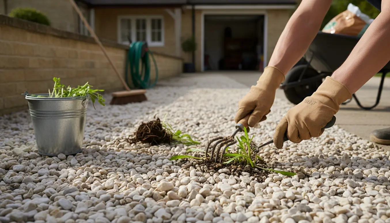 Nærbillede af handske-klædte hænder, der fjerner ukrudt mellem perlesten på en gårdsplads med spand og kost i baggrunden.