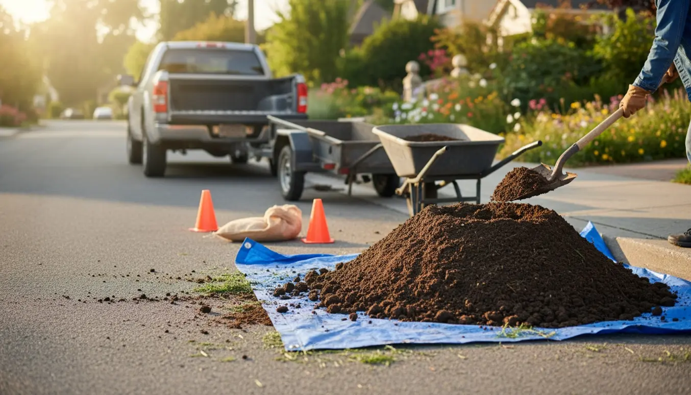 En trillebør og skovl fyldes med jord ved vejsiden foran en bolig.