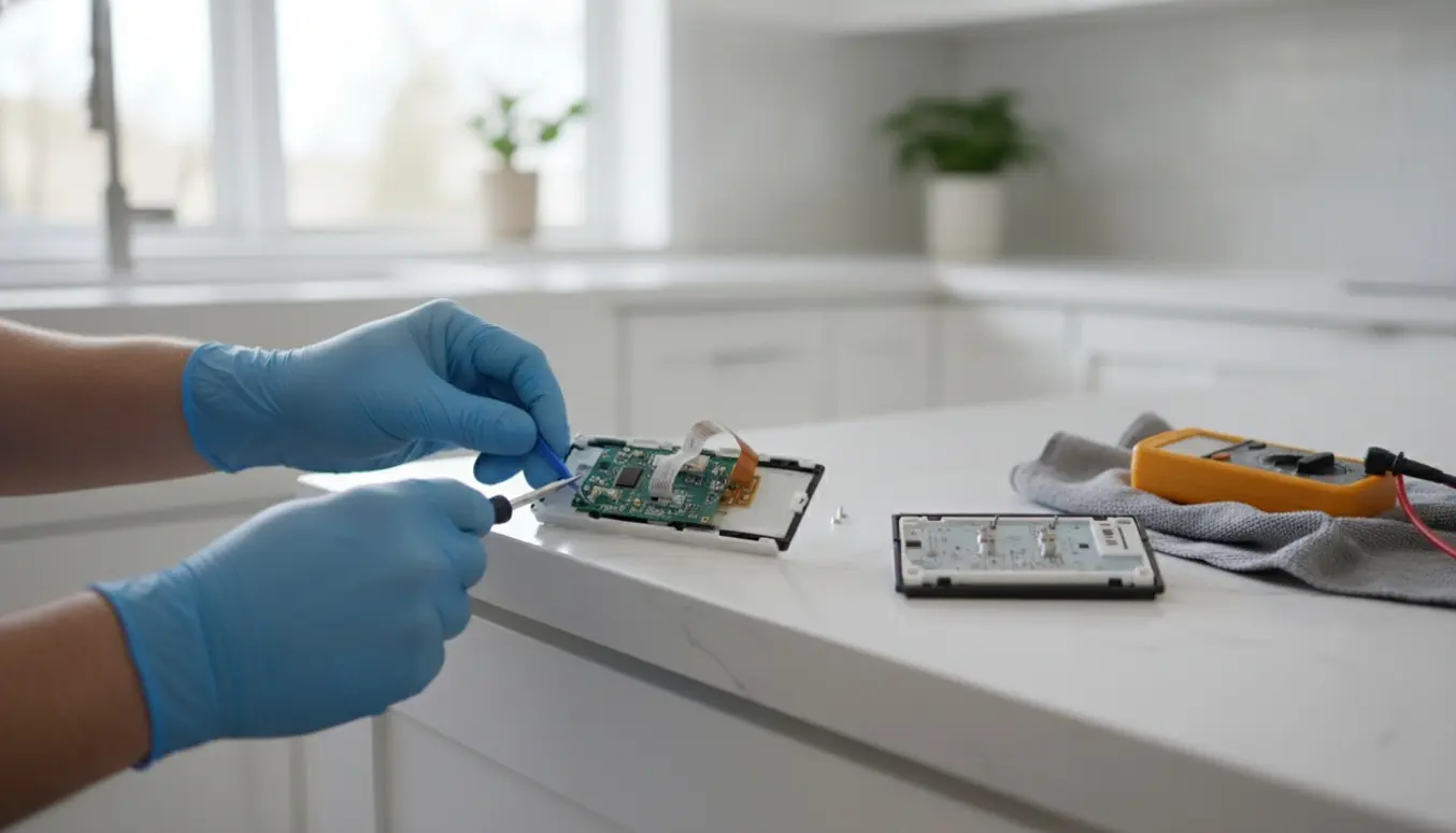 Hænder i handsker udskifter et defekt betjeningsdisplay på et hvidt køle/fryseskab i et lyst køkken.