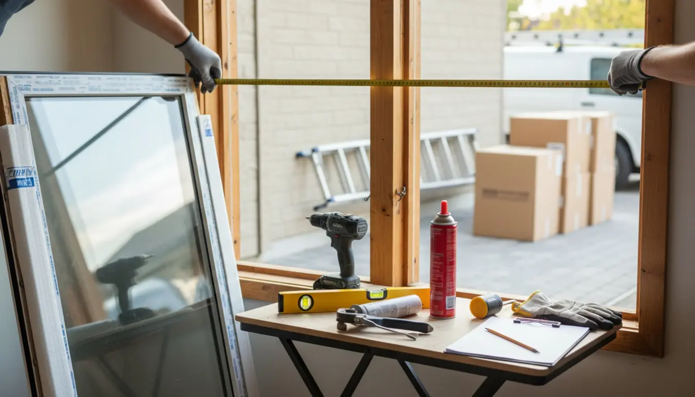 Hænder måler et vindueshul indendørs med nye pakkede vinduer og værktøj klar til udskiftning.