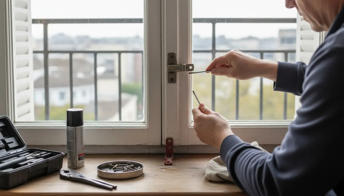 Handskerede hænder justerer topbeslaget på et fransk altanvindue med værktøj og løse skruer på vindueskarmen.