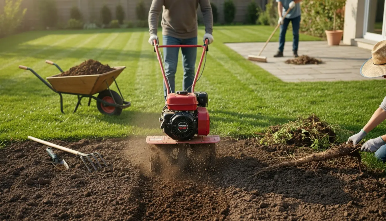 Havearbejde i baghaven med fræser i bedet, en tyk rod trækkes op, græs rives og fliser fejes.