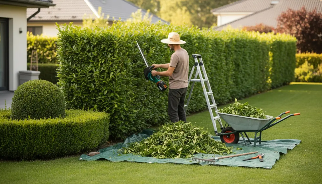 Person set bagfra klipper toppen og siderne af en lang hæk med elektrisk hækkeklipper, haveredskaber og opsamlet afklip i forgrunden.