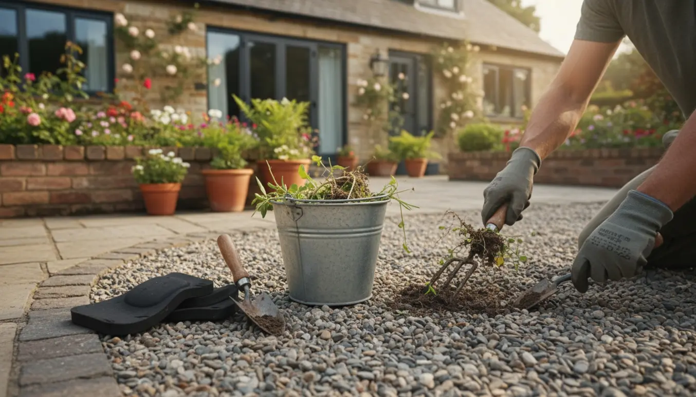 Nærbillede af handsker og værktøj, der trækker ukrudt op fra en grusbelagt gårdsplads.