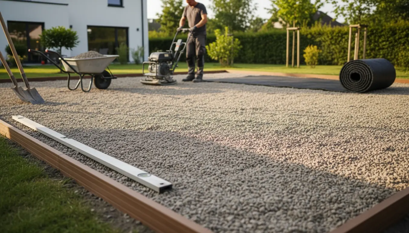 Haveområde med udjævnet stabilgrus, pladevibrator og værktøj klar til at lægge kunstgræs.