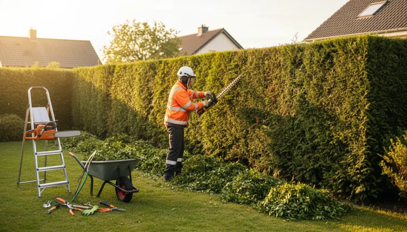 Professionel beskæring af en høj hæk i haven med hækkeklipper, motorsav og sikkerhedsudstyr.
