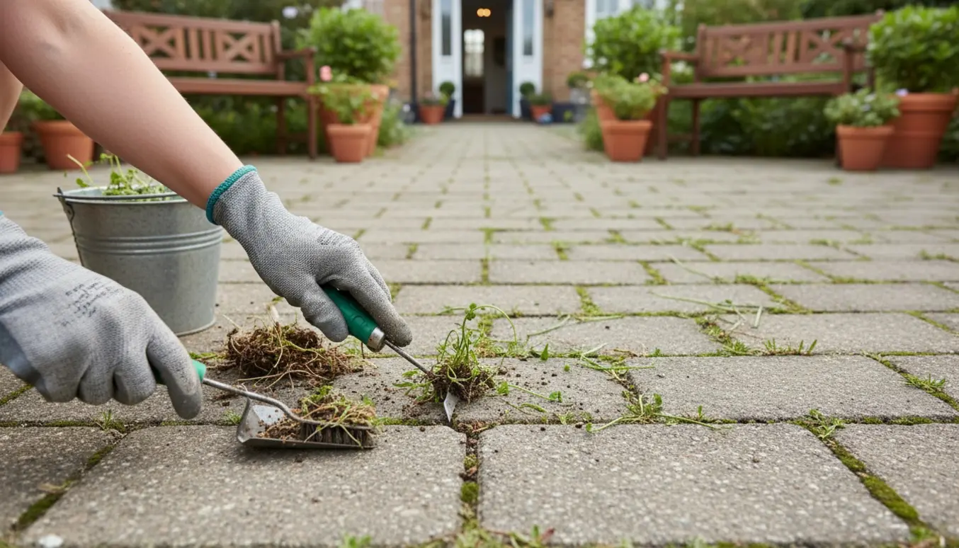 Hænder fjerner ukrudt mellem fliser på terrasser og foran huset.