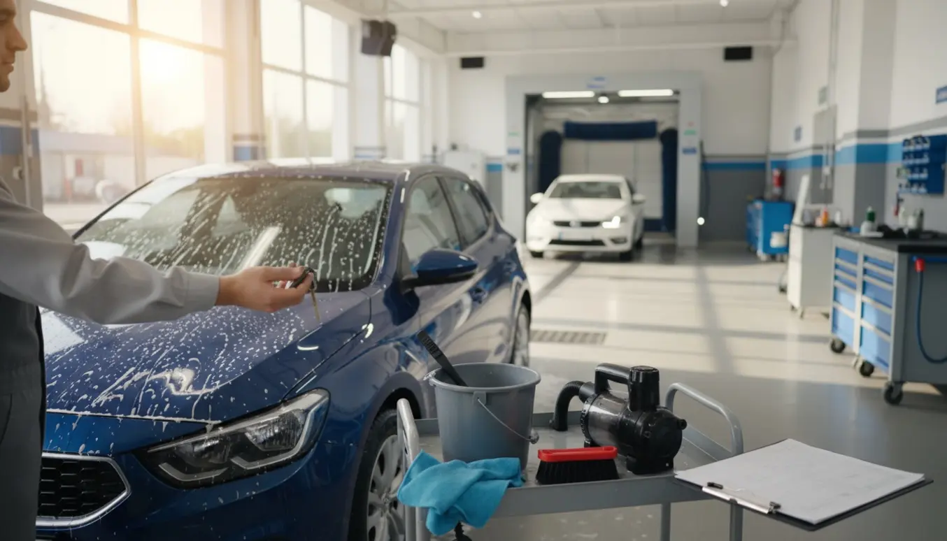 En bil afleveres til service foran et værksted, nøgler overleveres, og bilvask- og støvsugeudstyr står klar.