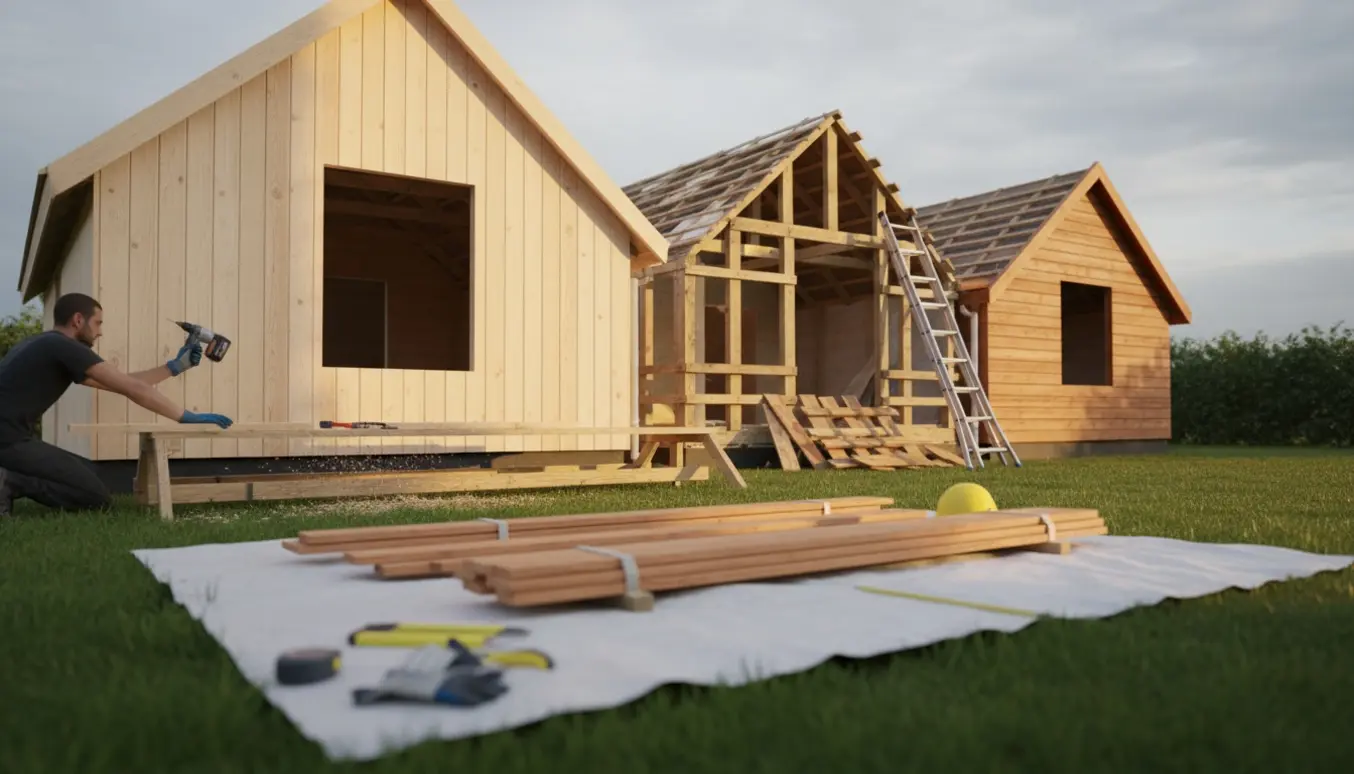 Tre gavle på et etplanshus får ny træbeklædning, samtidig udskiftning af stern og udhæng med værktøj og materialer synlige.