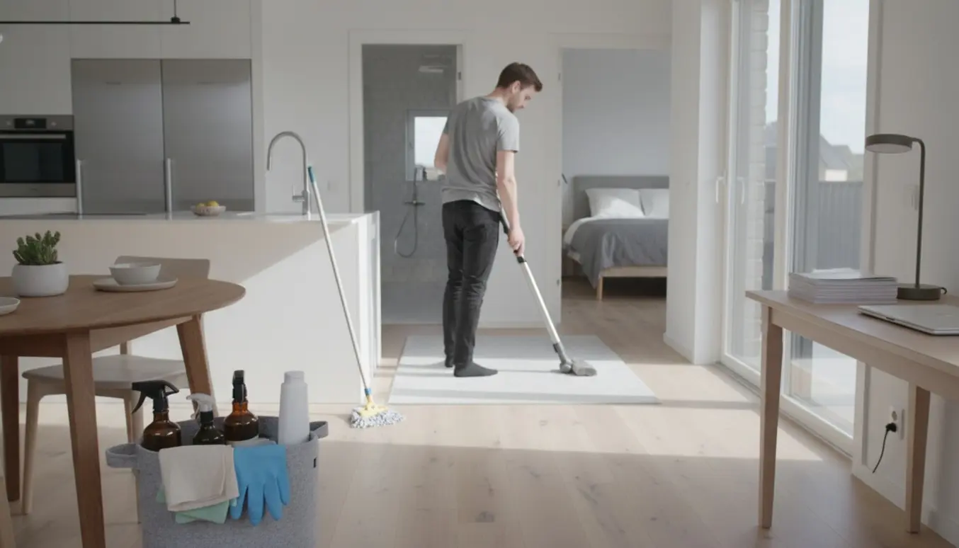 Professionel rengøring i et lyst, moderne hjem med rengøringsudstyr i forgrunden og skinnende rum i baggrunden.