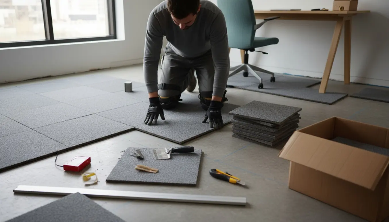 Hænder lægger tæppefliser på et kontor med betongulv i naturligt dagslys.