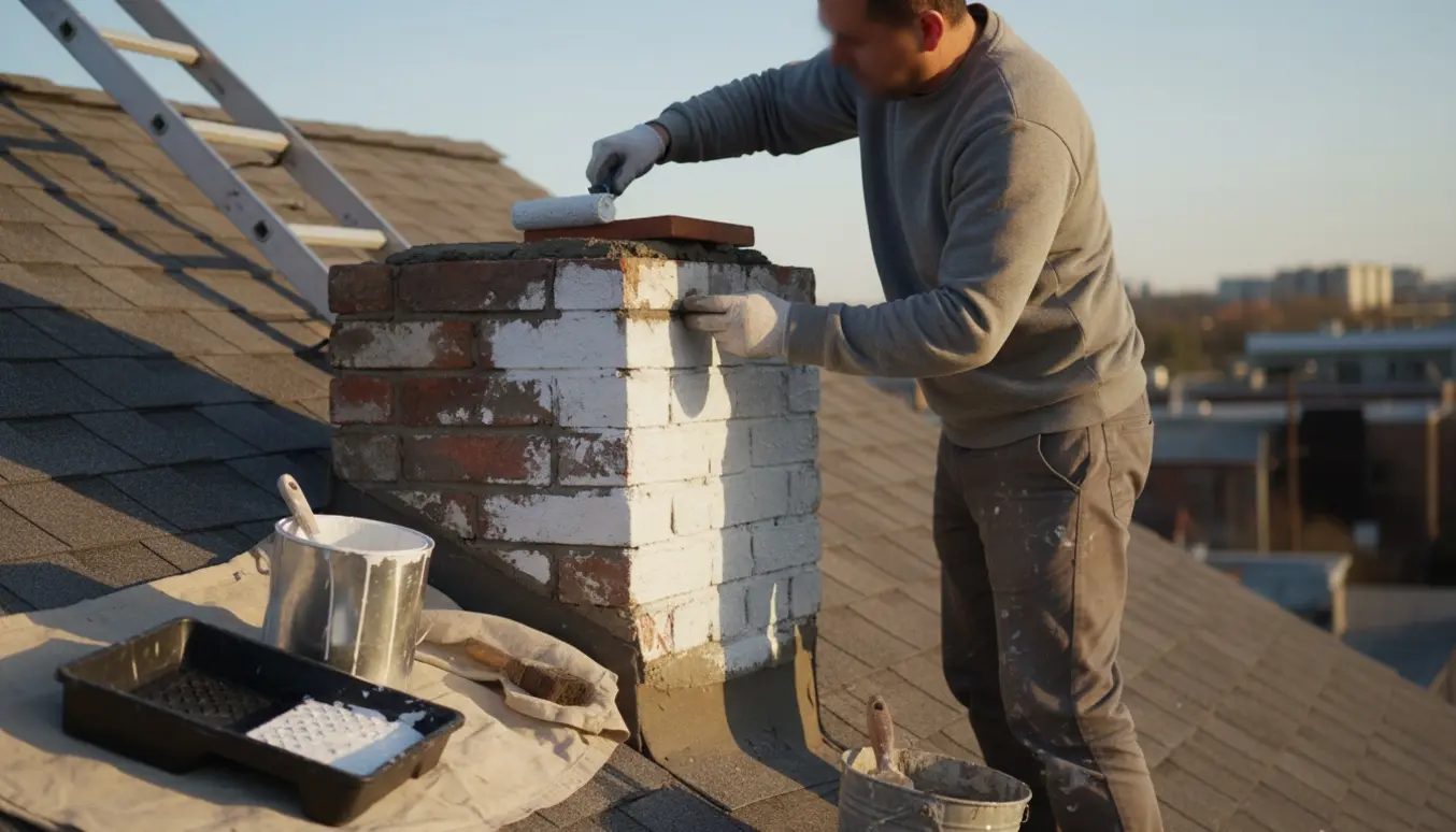 Nærbillede af hænder, der maler en udvendig skorsten hvid og fæstner en flise på toppen.