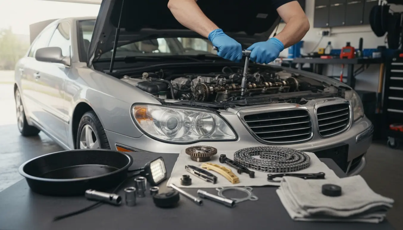 Nærbillede af udskiftning af kæde på åbnet motor i en Audi A6 (2005) med handsker og værktøj.