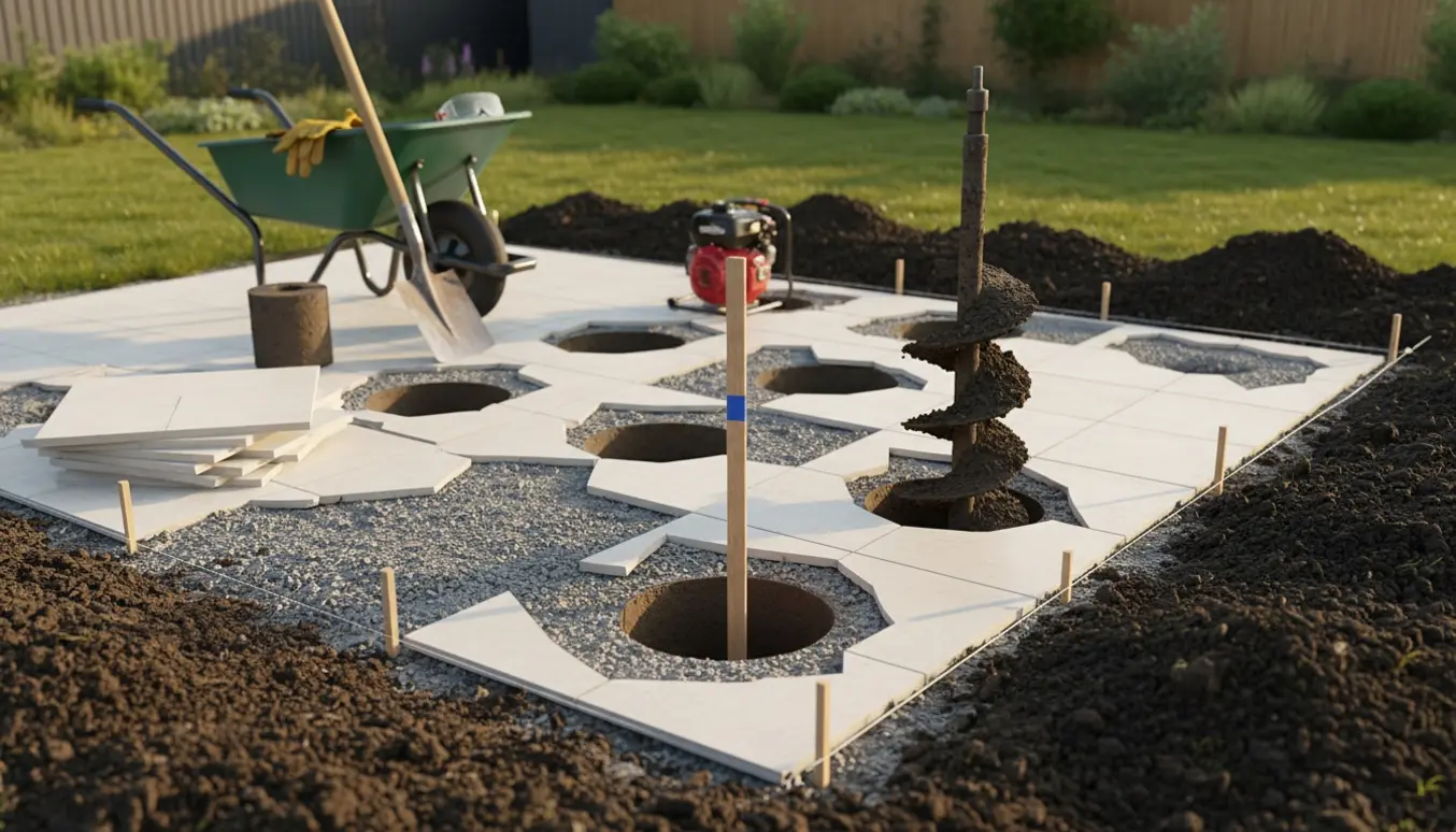 Række af 11 forberedte stolpehuller, seks gennem fliser med stabilgrus og fem i muldjord, omgivet af bor, skovl og værktøj.