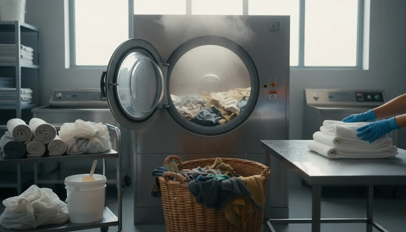 Hænder sorterer og vasker klude og håndklæder i et professionelt vaskerimiljø med industrielle maskiner.