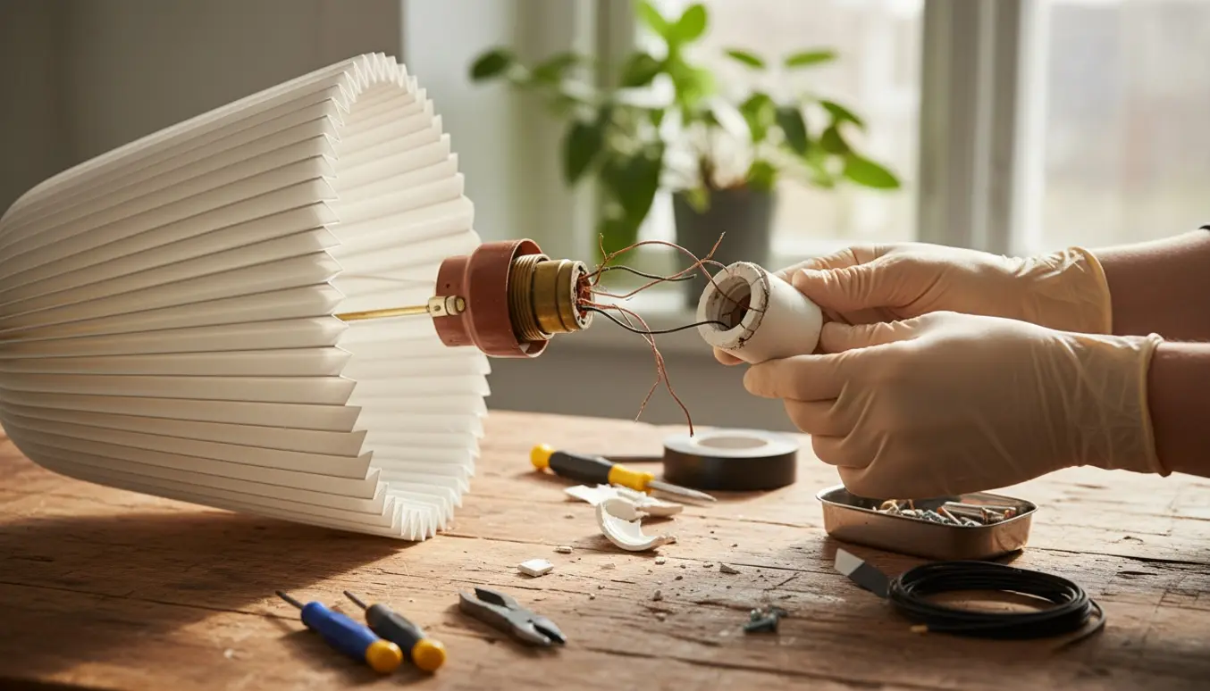 Nærbillede af en Le Klint-lampe på et træbord, hvor hænder uden synligt ansigt skifter en ødelagt fatning med værktøj.