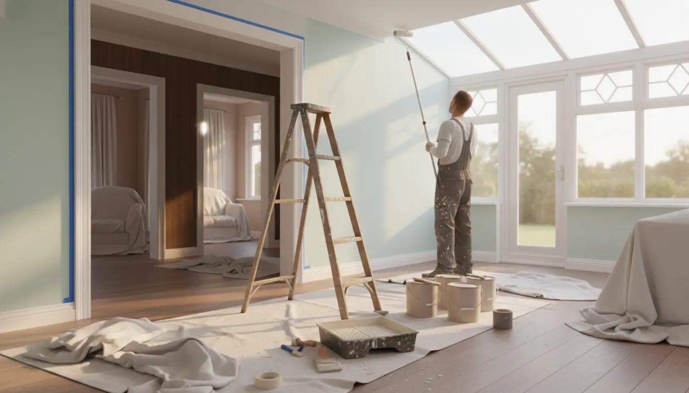 Indvendigt sommerhus i gang med maling: rulle mod udestuens loft, afdækningsdug og åbne rum, der ikke males.