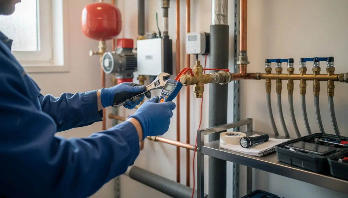 En tekniker inspicerer et fjernvarmeanlæg i et ryddeligt fyrrum med synlige rør, pumper og værktøj.
