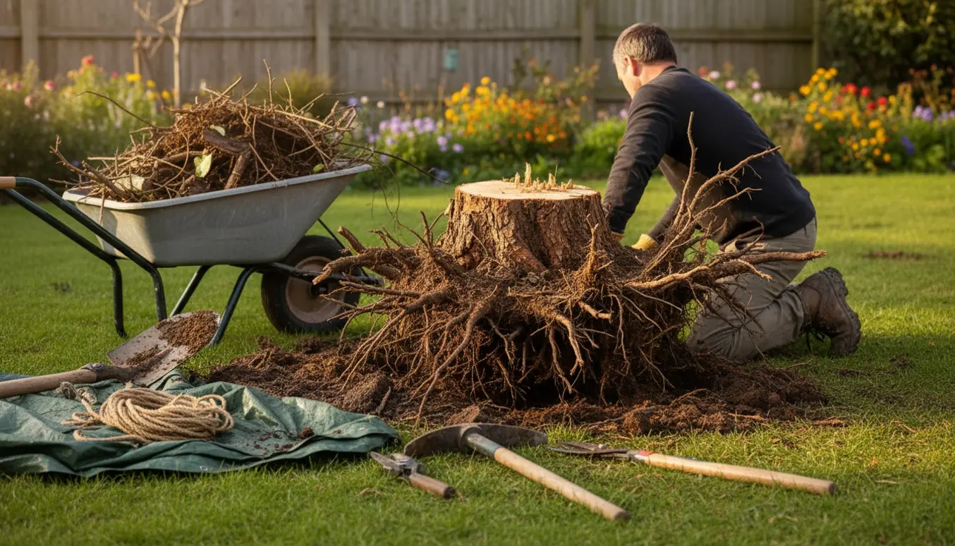 En nyfjernet stor busk med eksponeret rodnet, afskåret stub og haveredskaber ved siden af.