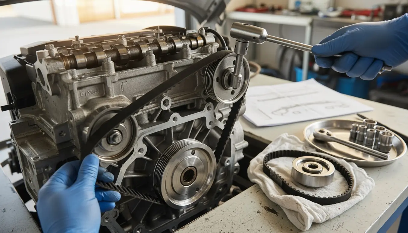 Nærbillede af en mekaniker, der udskifter tandrem på en 1,2 PureTech benzinemotor med værktøj og nye reservedele synlige.