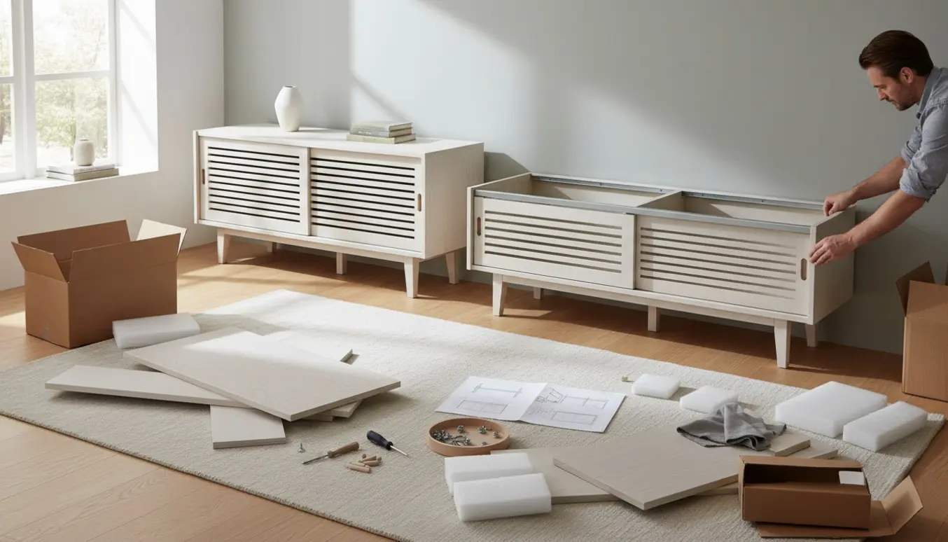 Samling af to skandinaviske møbler med jalousi skydelåger og værktøj i et lyst opholdsrum.