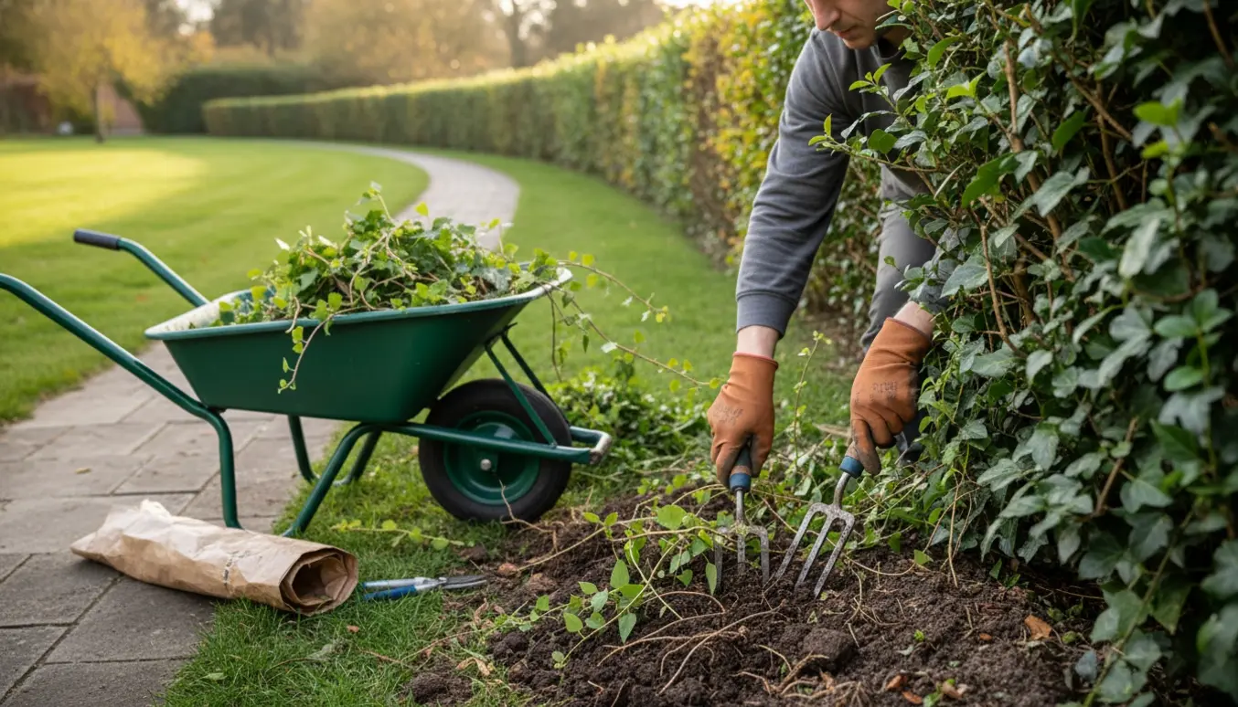 Handskede hænder luger ukrudt og fjerner efeu ved bunden af en lang hæk.