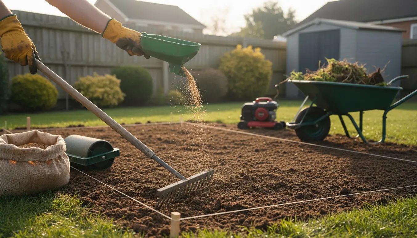 Nyligt fræset og udjævnet baghavebed med redskaber og græsfrø klar til såning.