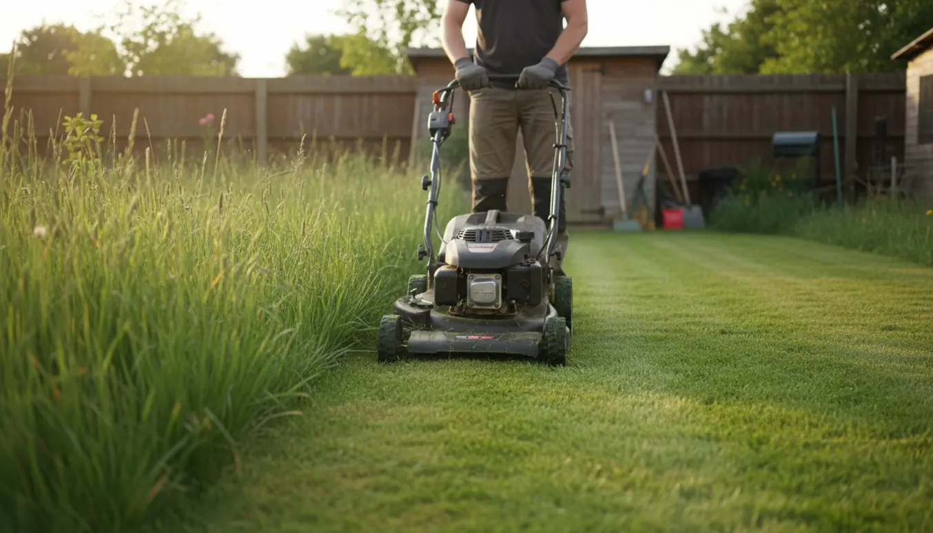 En person klipper en tydelig stribe gennem meget højt græs med en plæneklipper, set bagfra uden synligt ansigt.