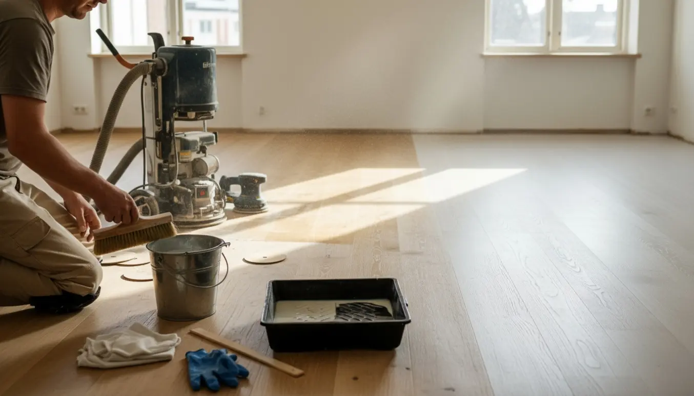 Håndværker sliber og oliebehandler et egetræsgulv med hvidpigmenteret olie og lud i et lyst rum.