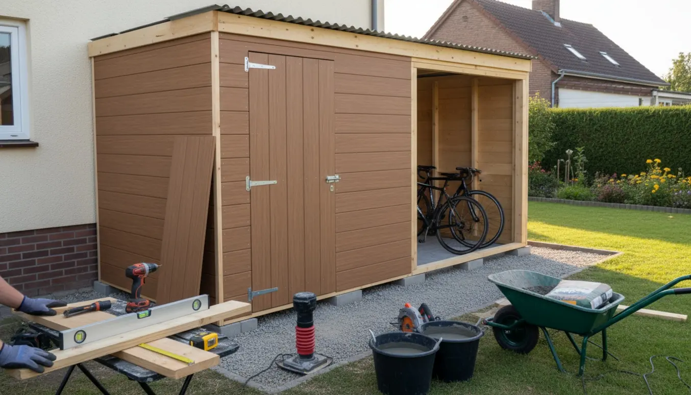 Et skur bygges op mod en eksisterende væg med åbent cykelrum, værktøj og materialer i forgrunden.