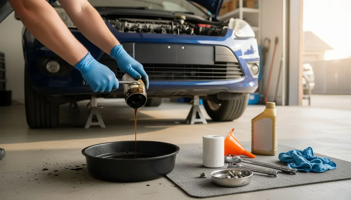 Skifte af motorolie og oliefilter på en forhøjet Ford Focus 1.6 TDCi i en solbelyst garage.