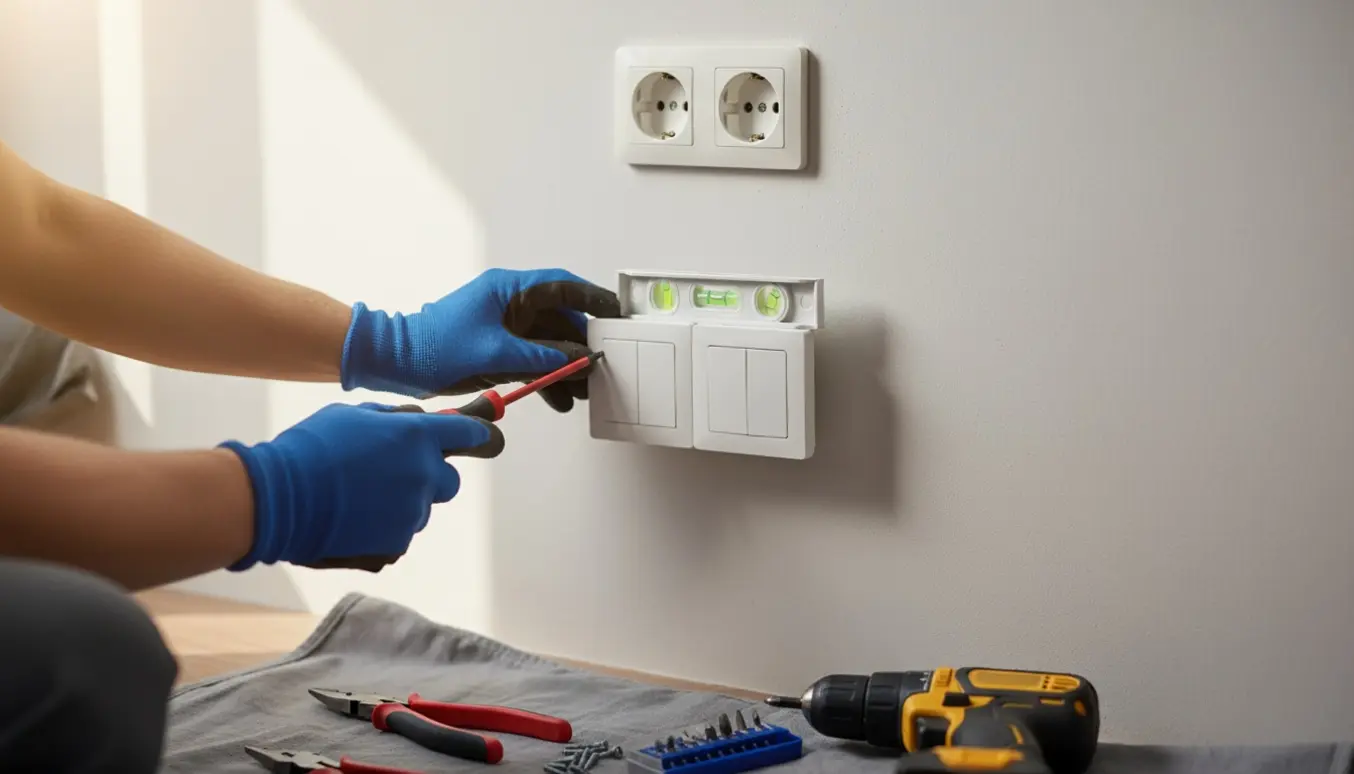 Hænder monterer en hvid 2-moduls stikkontakt cirka 80 cm under en eksisterende kontakt på en neutral væg.