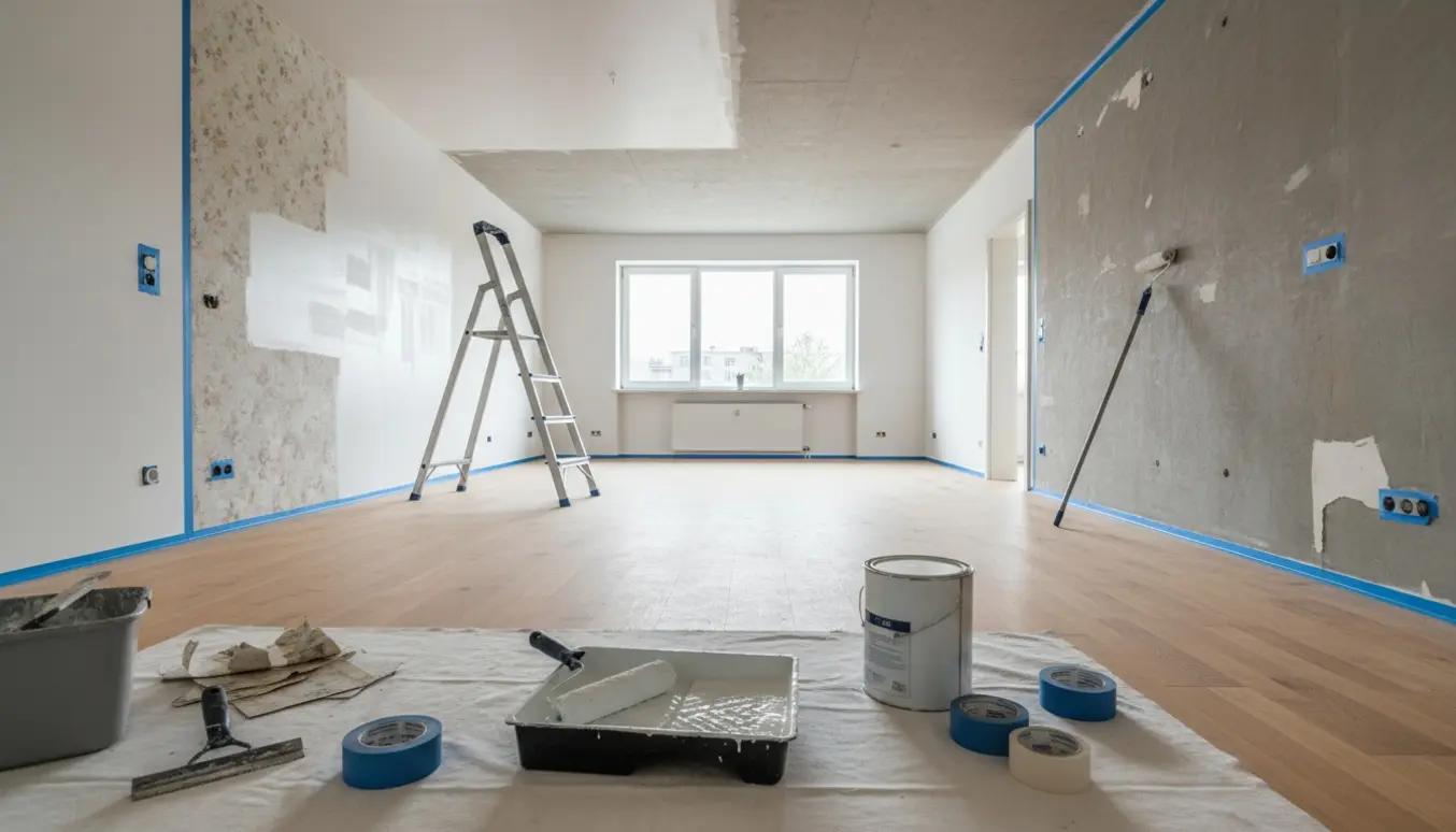 Tom treværelses lejlighed under maling med rulle, malerbøtte og stige i naturligt dagslys.
