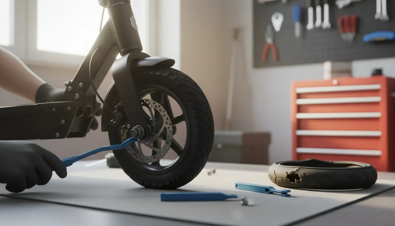 Nærbillede af montering af et solidt honeycomb forhjulsdæk på et el-løbehjul med dækjern på en arbejdsbænk.