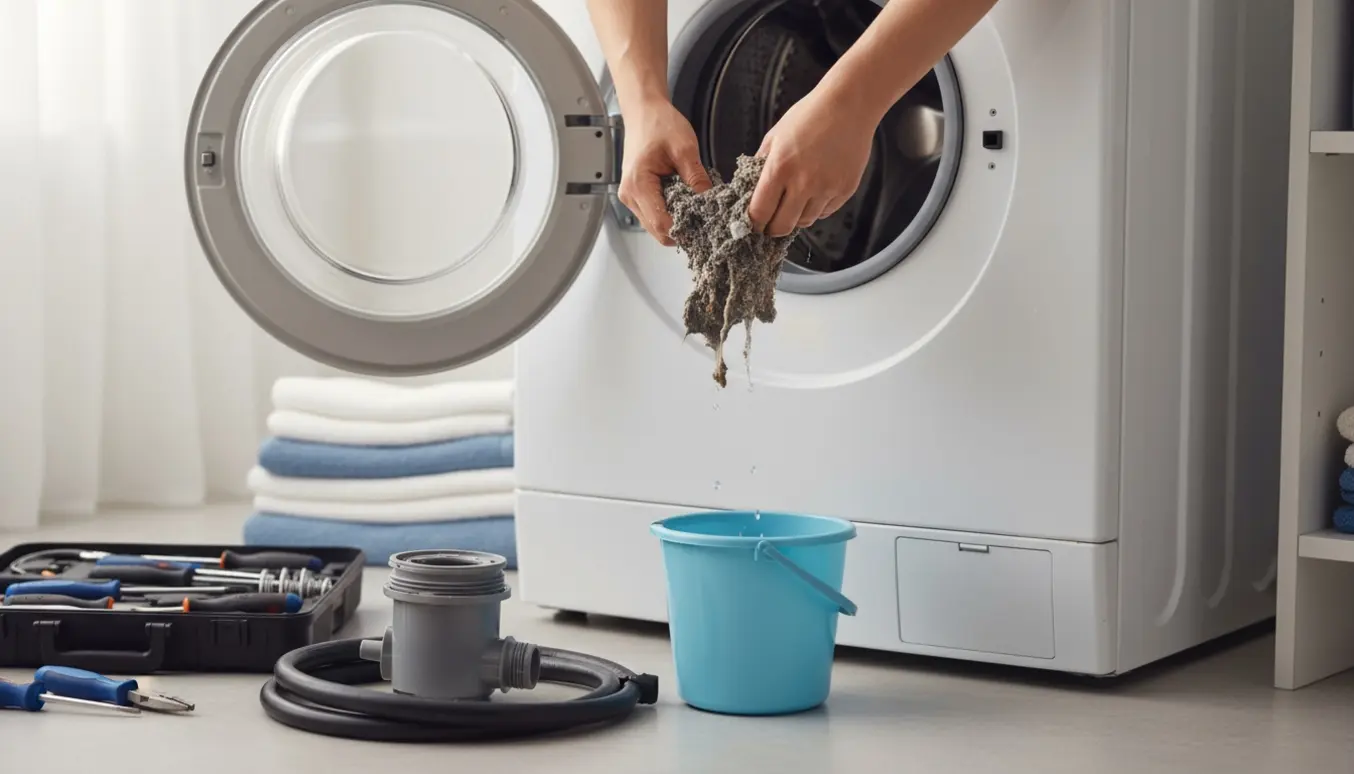 Hænder fjerner fnug fra en åben afløbsfilter på en frontbetjent vaskemaskine med værktøj og spand ved siden af.